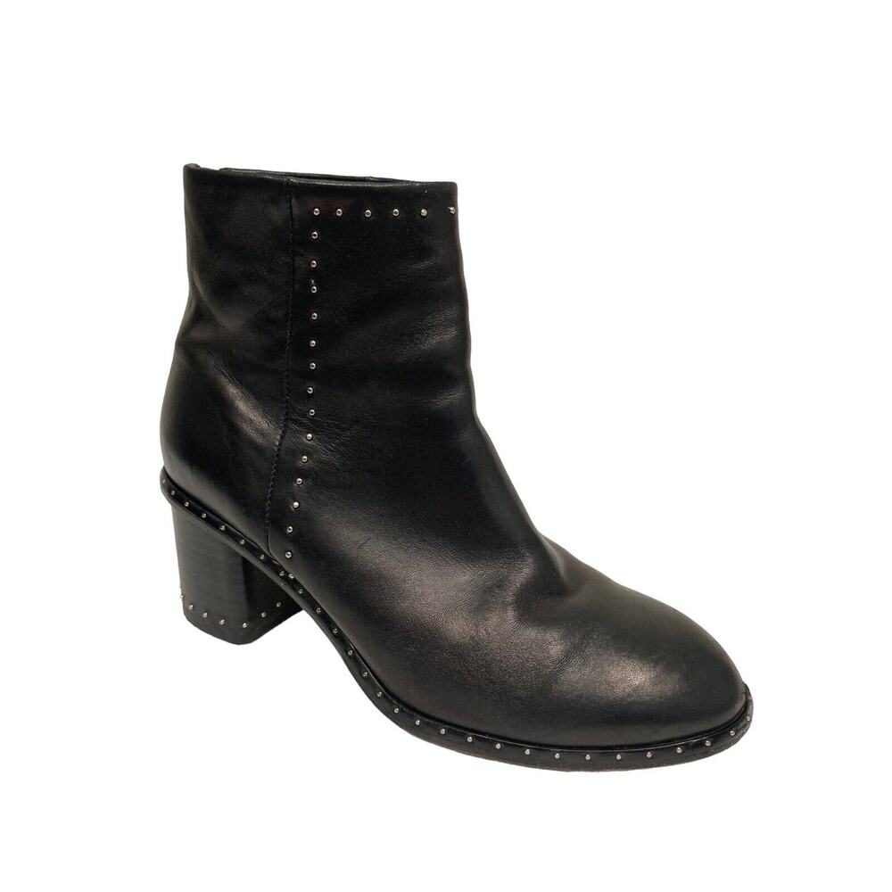RAG & BONE Black Leather Willow Studded Block Heel Ankle Booties Boots Size 37 - Picture 2 of 9